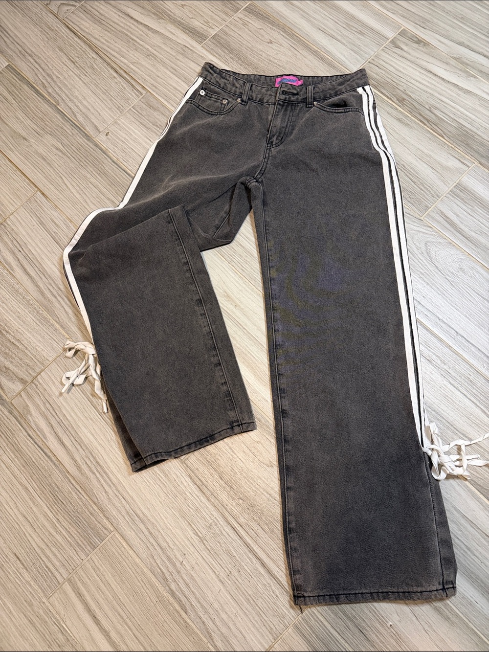 Edikted Black Wide-Leg Jeans with White Side Stripes and Drawstring Hems